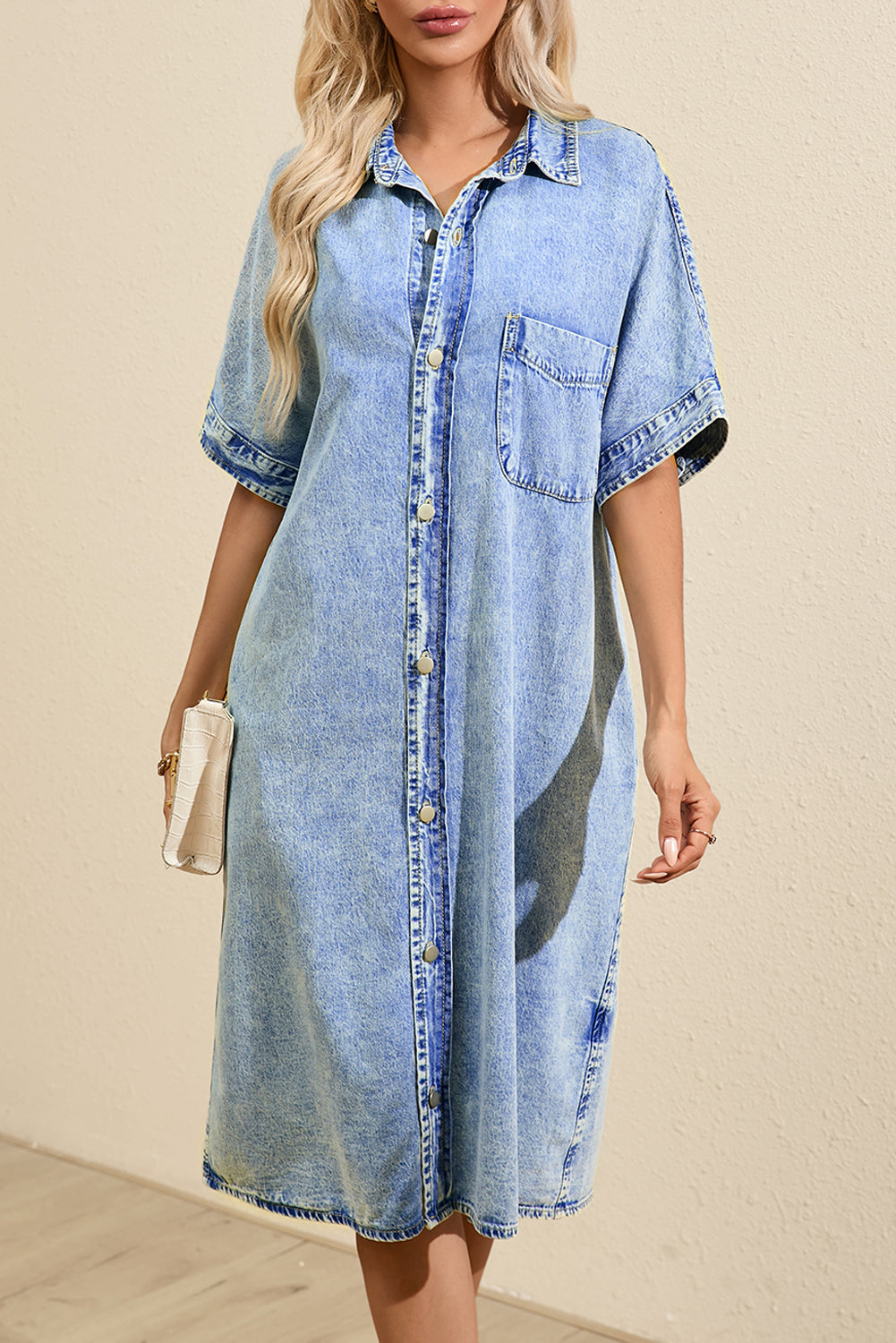 Denim Shirt Dress with Button Pockets - Image 9
