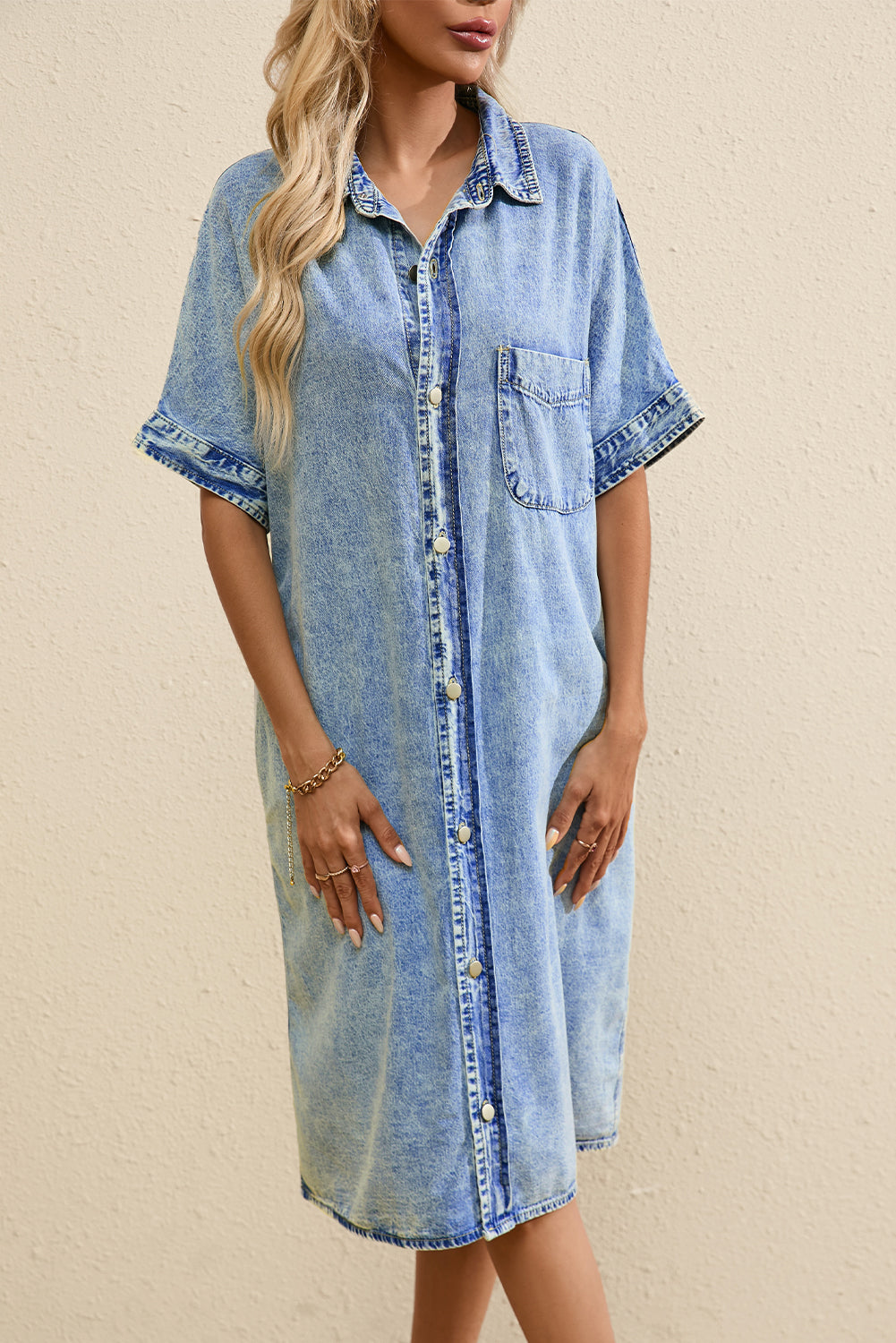Denim Shirt Dress with Button Pockets - Image 11