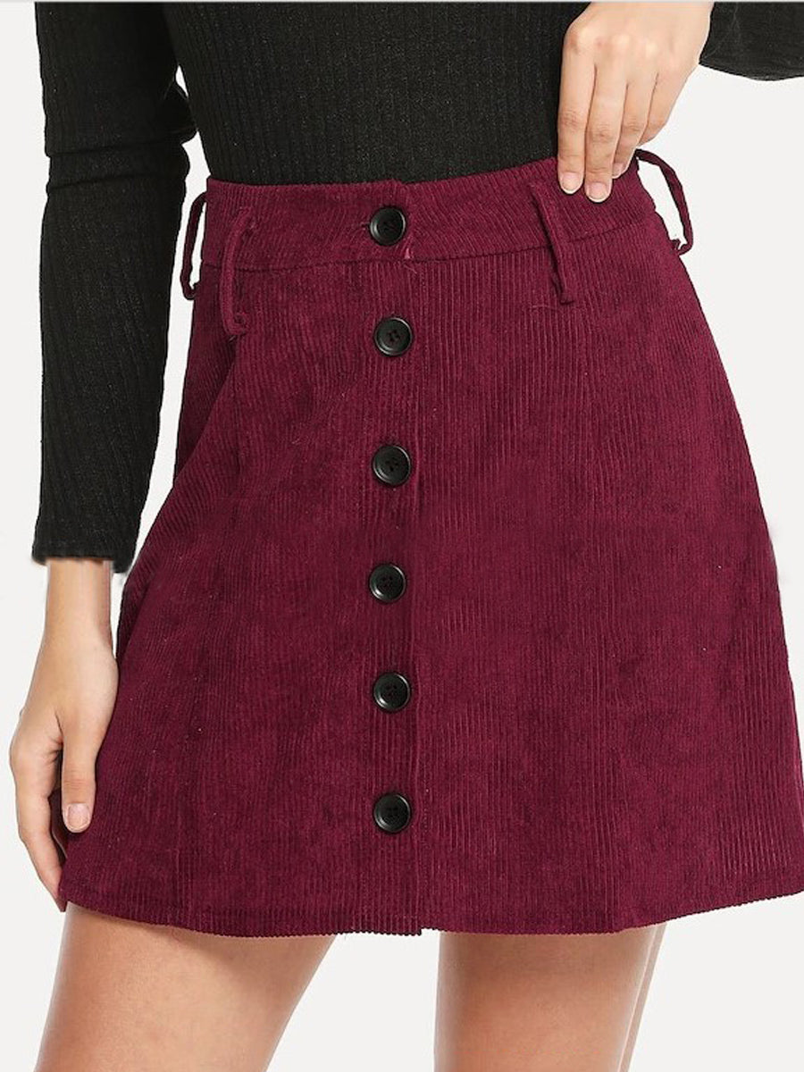 Button Front A-Line Belted Corduroy Mini Dress