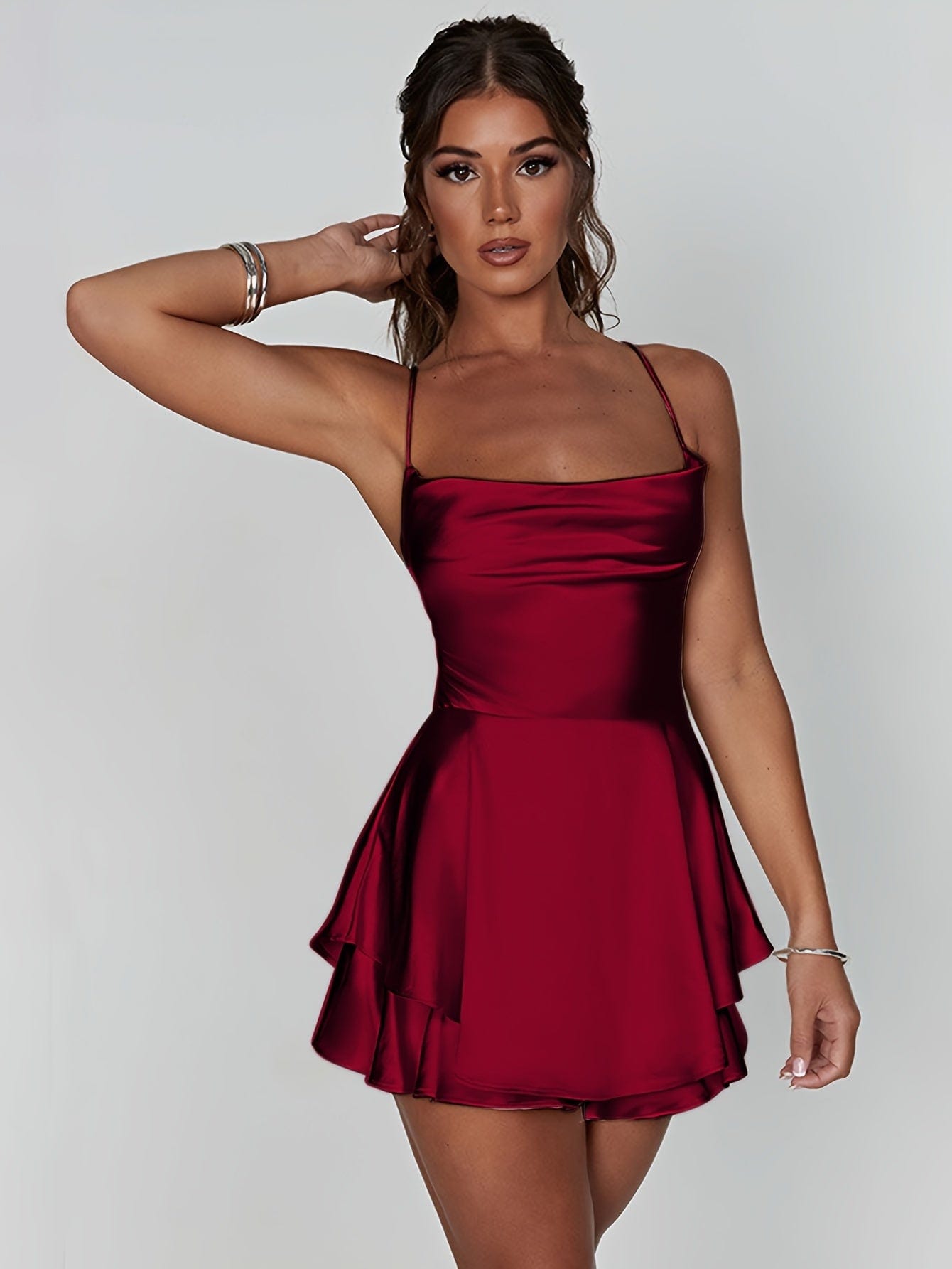 Stylish Backless Tiered Cowl Neck A-line Mini Dress - Image 26
