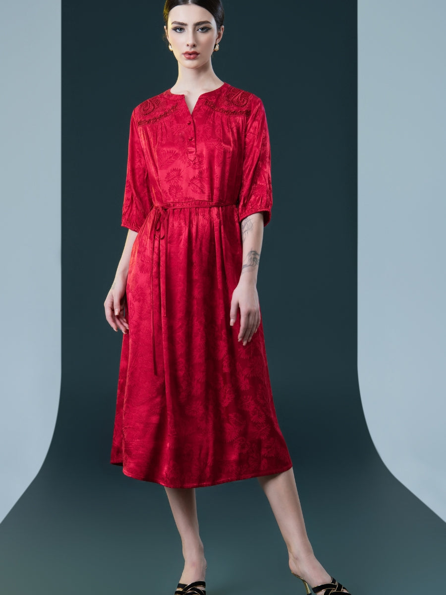 Ruby Red Embroidered Maxi Dress with Cinched Waist - Image 5