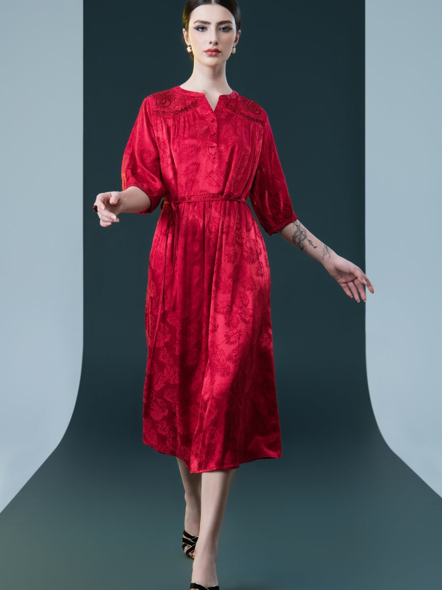Ruby Red Embroidered Maxi Dress with Cinched Waist - Image 6