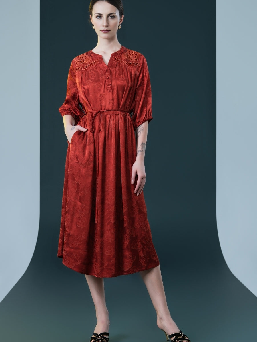 Ruby Red Embroidered Maxi Dress with Cinched Waist - Image 2