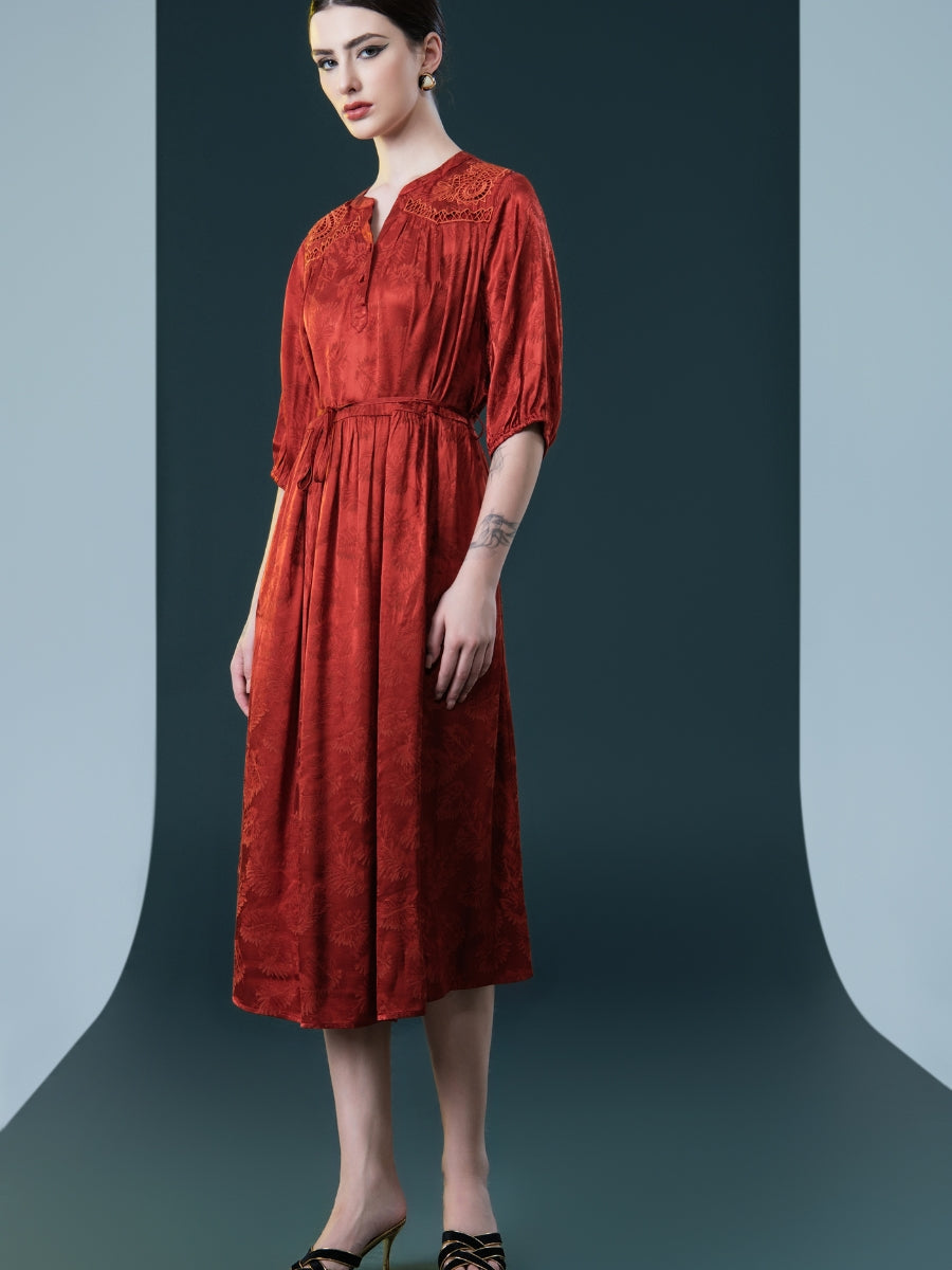 Ruby Red Embroidered Maxi Dress with Cinched Waist - Image 9