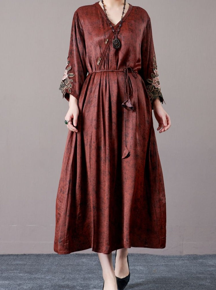 Embroidered Sleeves Rust Brown Maxi Dress - Image 3
