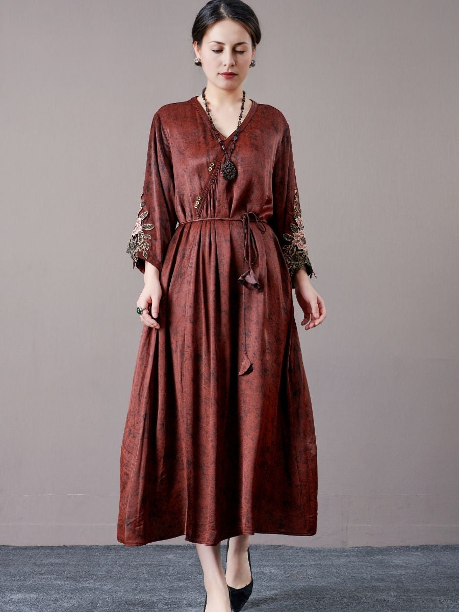 Embroidered Sleeves Rust Brown Maxi Dress
