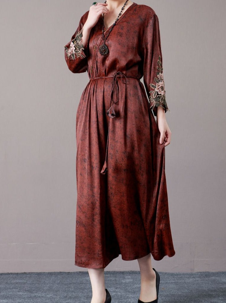 Embroidered Sleeves Rust Brown Maxi Dress - Image 5