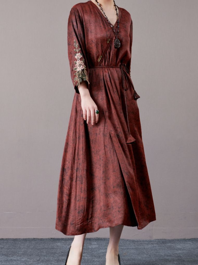 Embroidered Sleeves Rust Brown Maxi Dress - Image 7