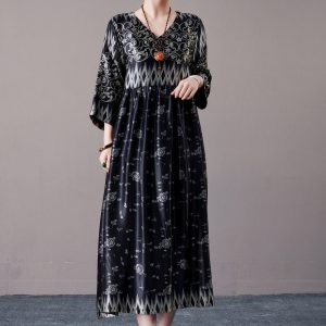 Bohemian Black and Silver Patterned Maxi Dress