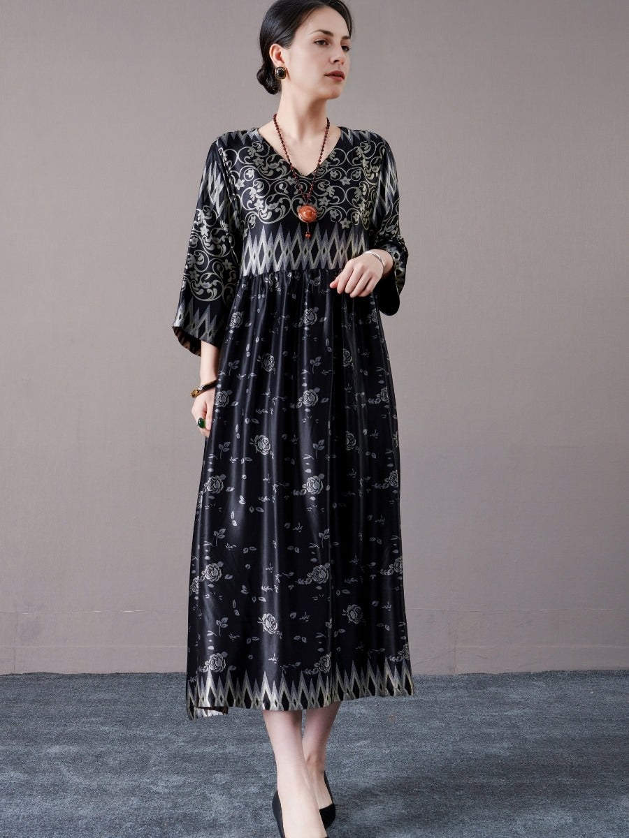 Bohemian Black and Silver Patterned Maxi Dress