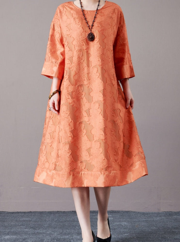 Elegant Burnt Orange A-Line Dress with Textured Detail - Image 7