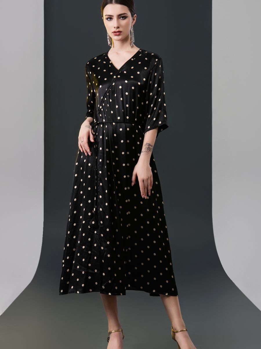 Black Polka Dot Wrap Dress with V-Neck - Image 2
