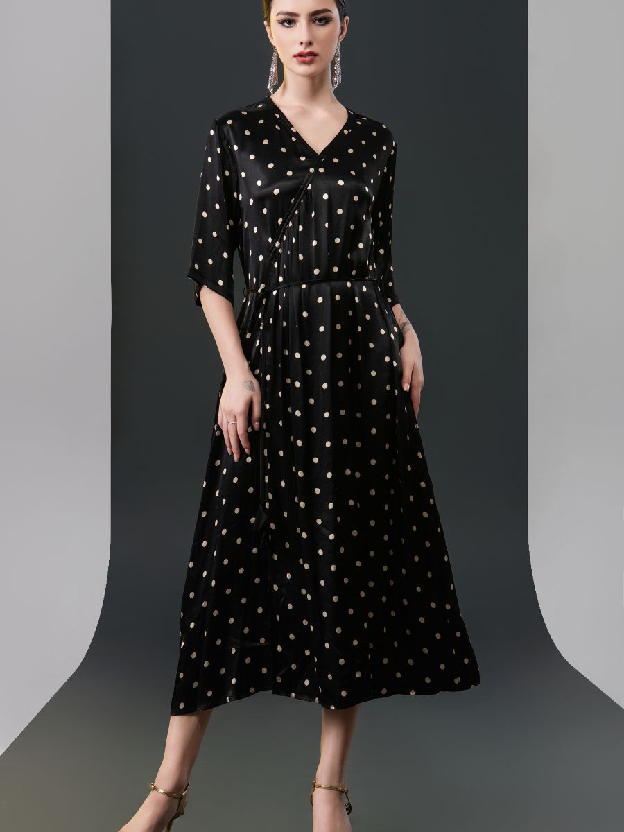 Black Polka Dot Wrap Dress with V-Neck - Image 3