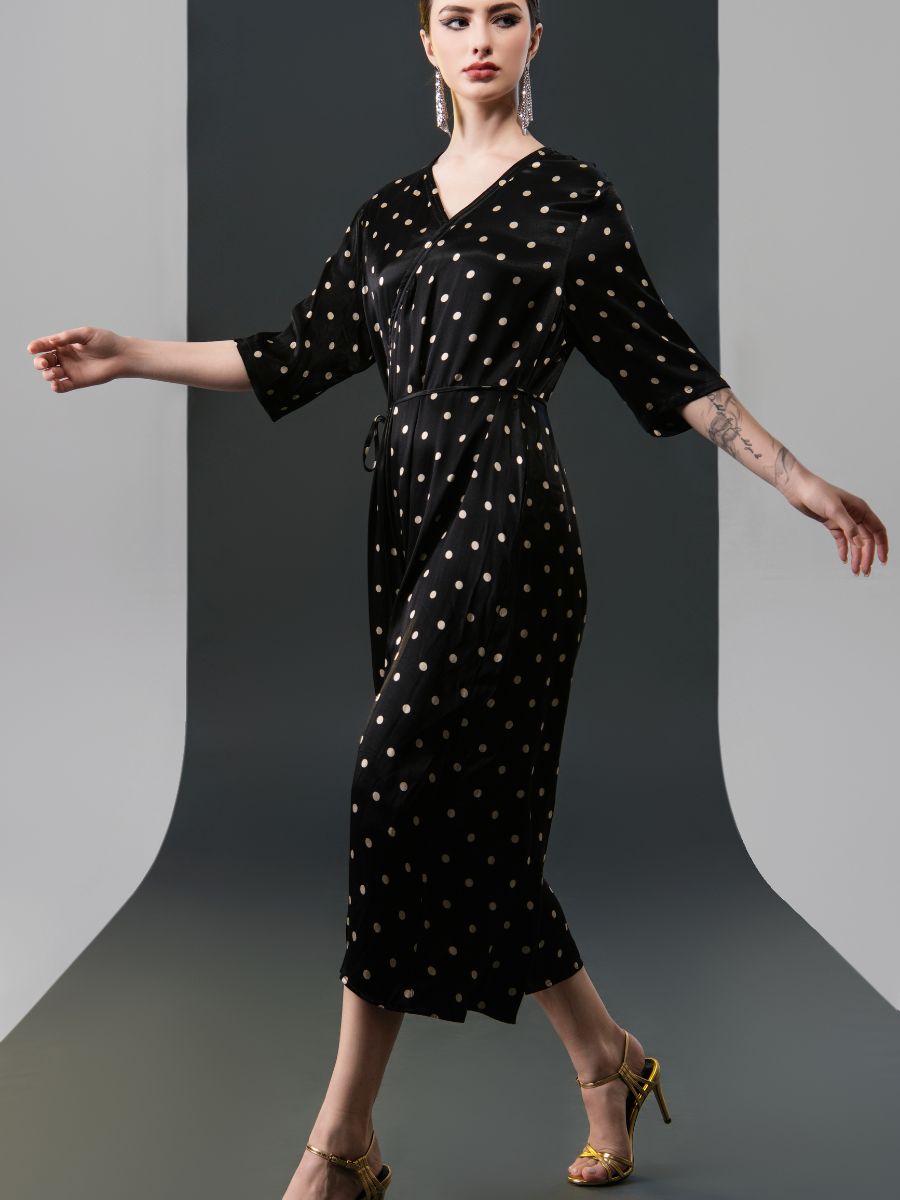 Black Polka Dot Wrap Dress with V-Neck - Image 4