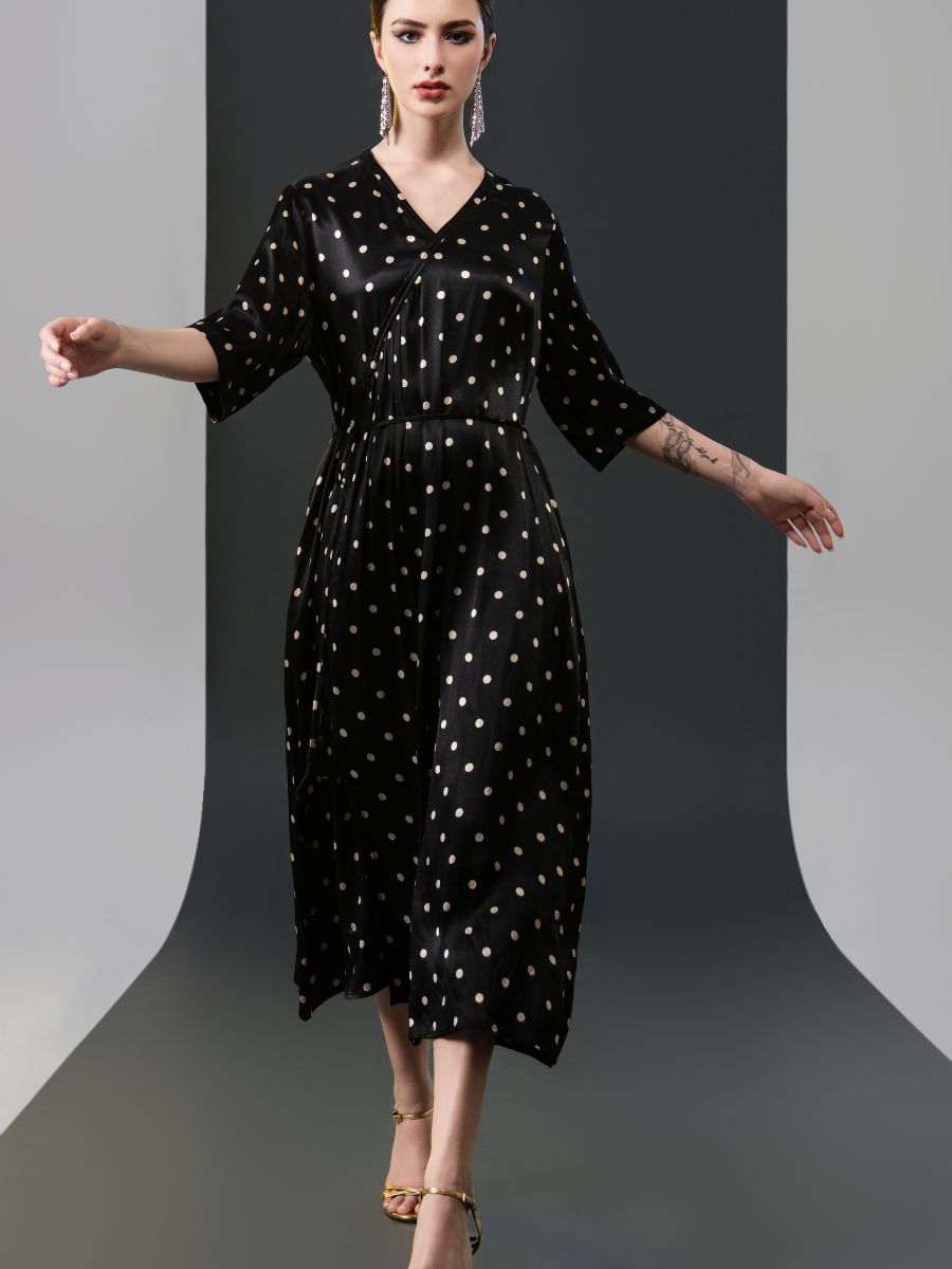Black Polka Dot Wrap Dress with V-Neck - Image 5