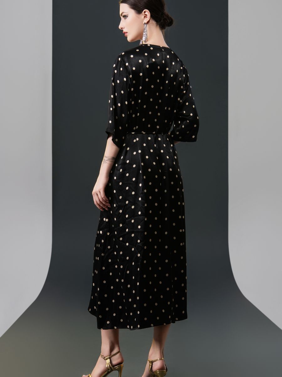 Black Polka Dot Wrap Dress with V-Neck - Image 6