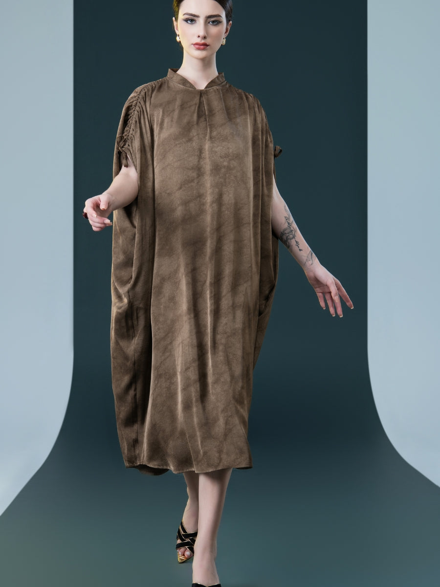 Elegant Brown High-Collar Dress with Gathered Sleeve Detailing - Image 6
