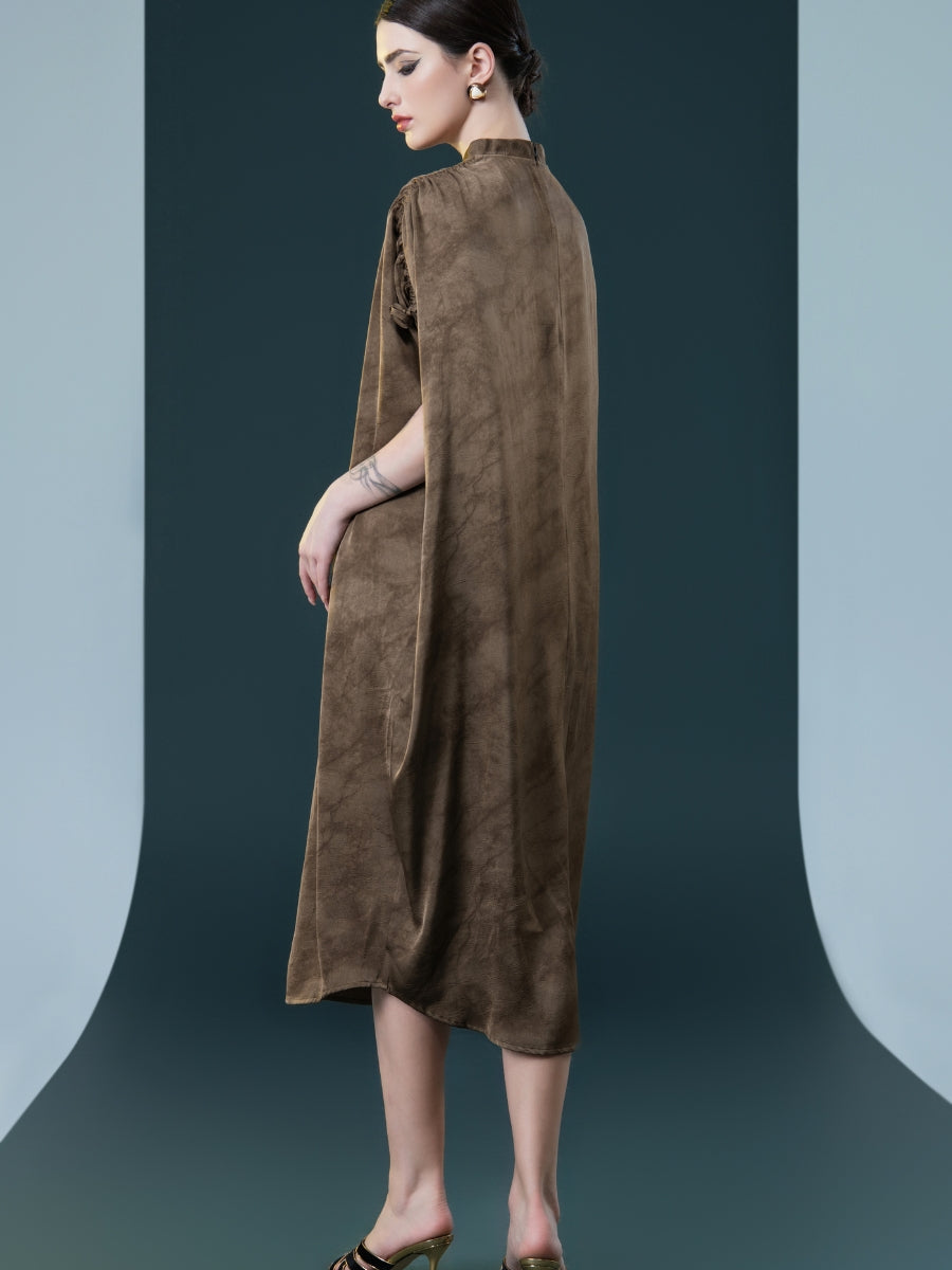 Elegant Brown High-Collar Dress with Gathered Sleeve Detailing - Image 7