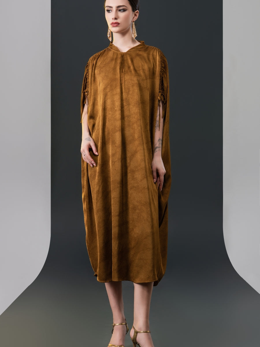 Elegant Brown High-Collar Dress with Gathered Sleeve Detailing - Image 8