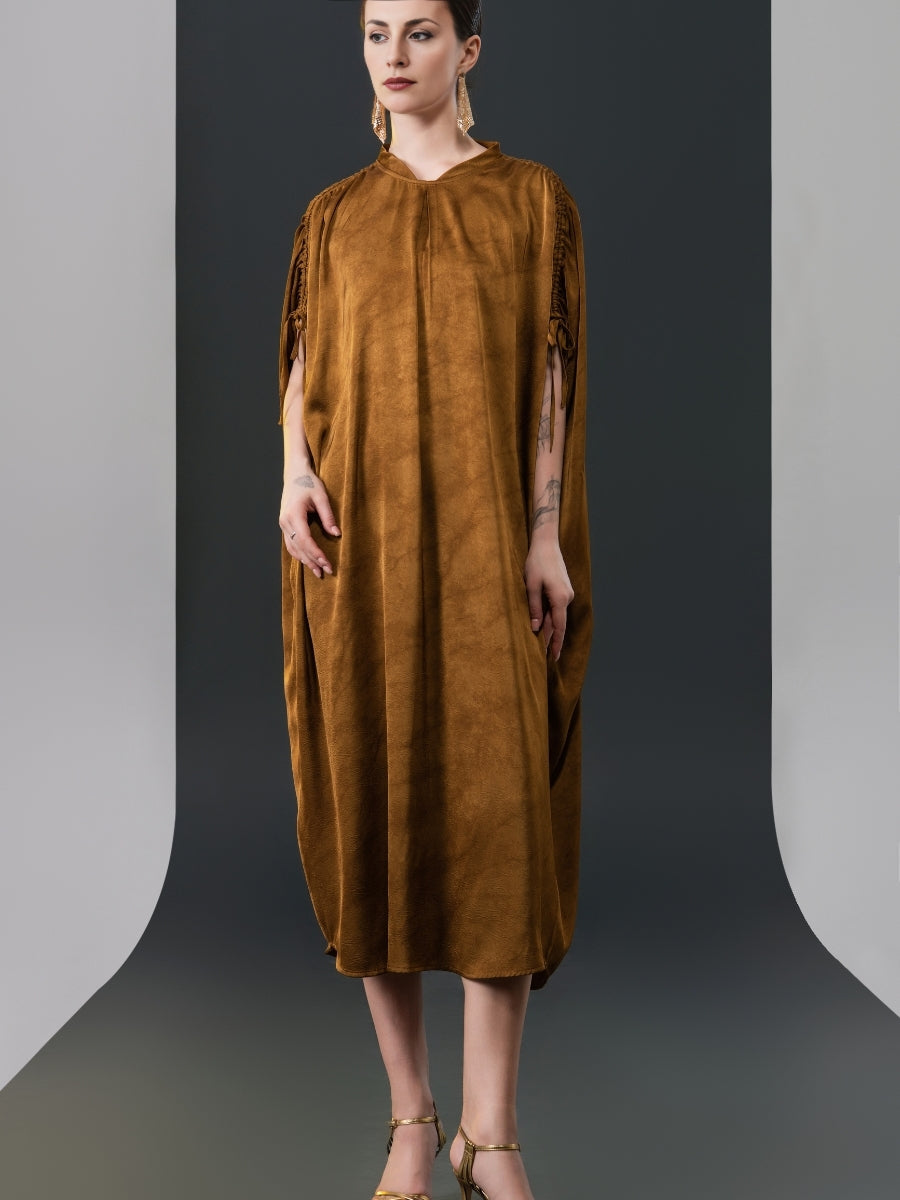 Elegant Brown High-Collar Dress with Gathered Sleeve Detailing - Image 2