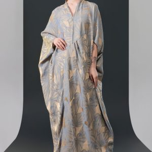 Silver and Beige Leaf Print Kaftan Dress