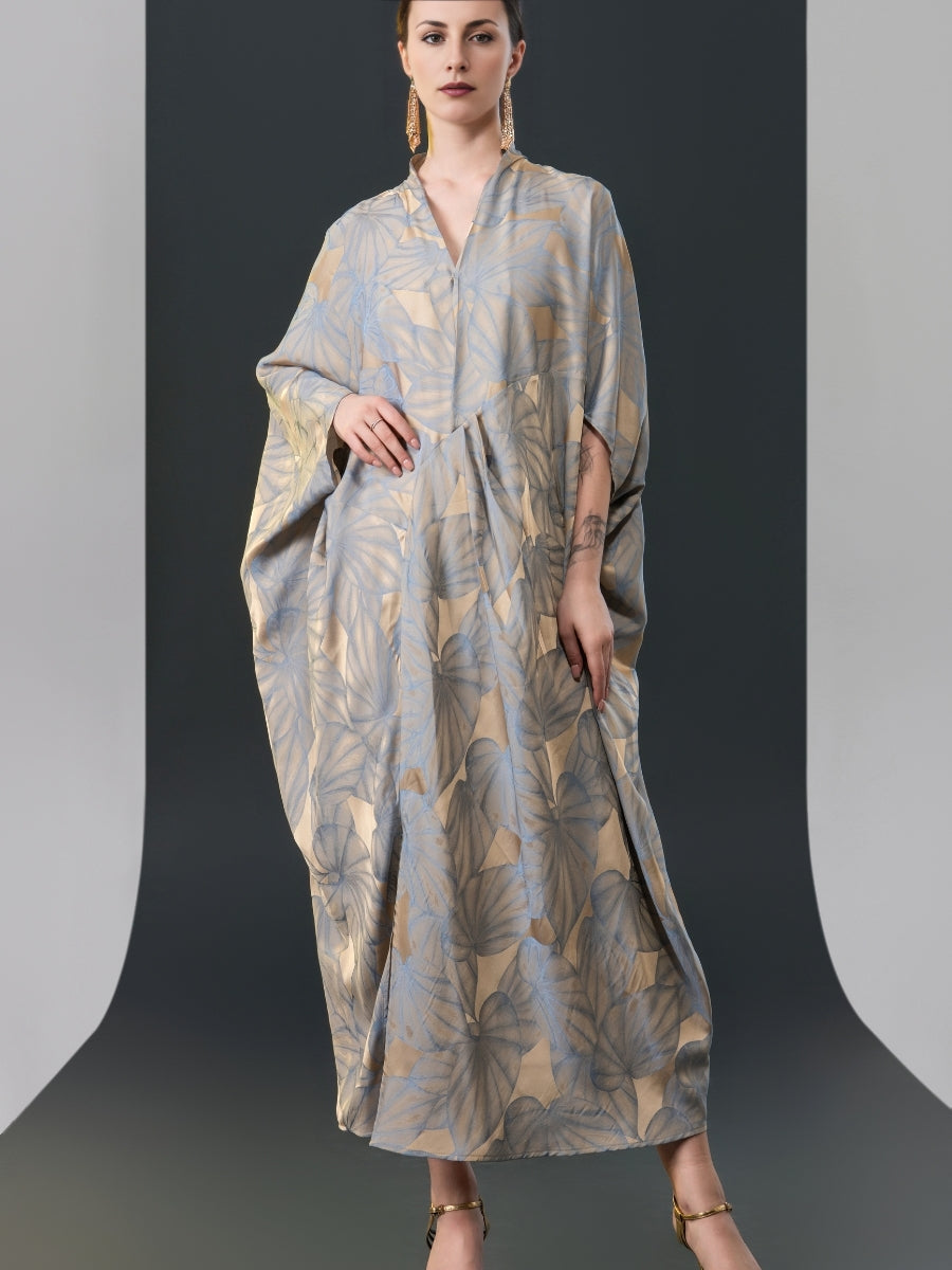 Silver and Beige Leaf Print Kaftan Dress
