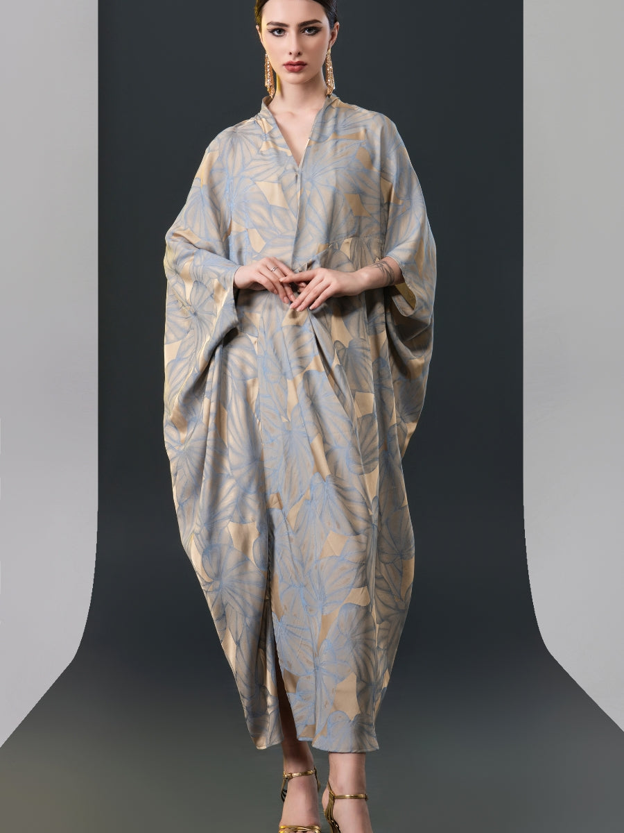 Silver and Beige Leaf Print Kaftan Dress - Image 4