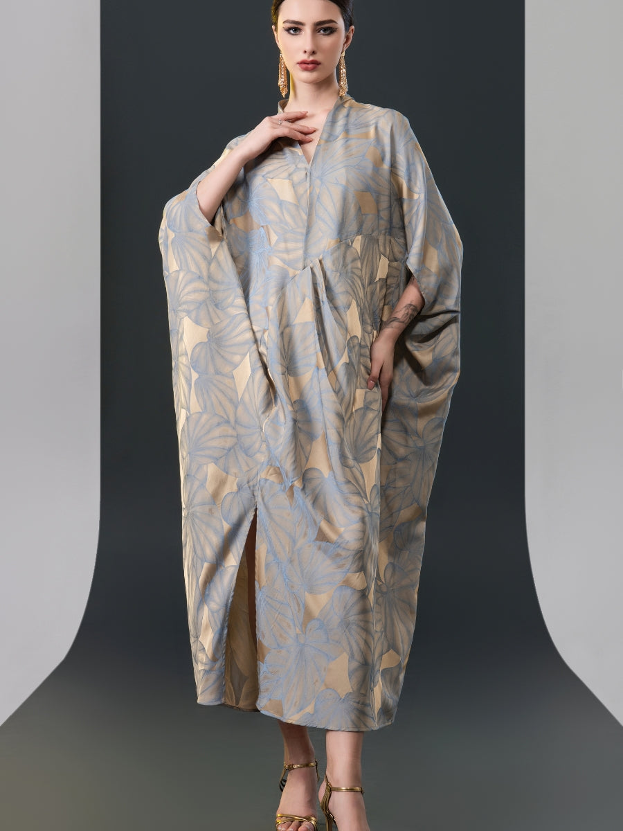 Silver and Beige Leaf Print Kaftan Dress - Image 5