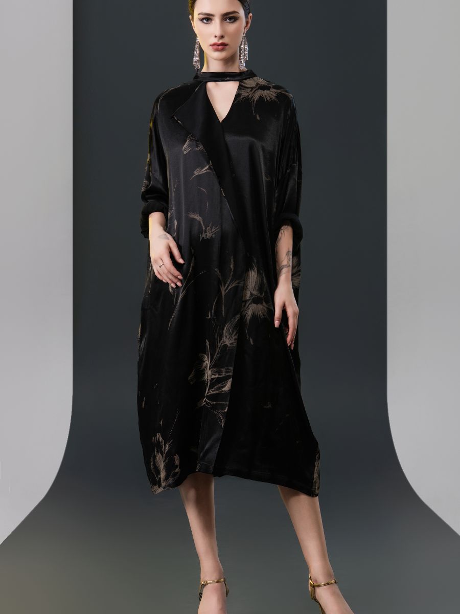 Black Satin Floral Print Kaftan Dress - Image 4