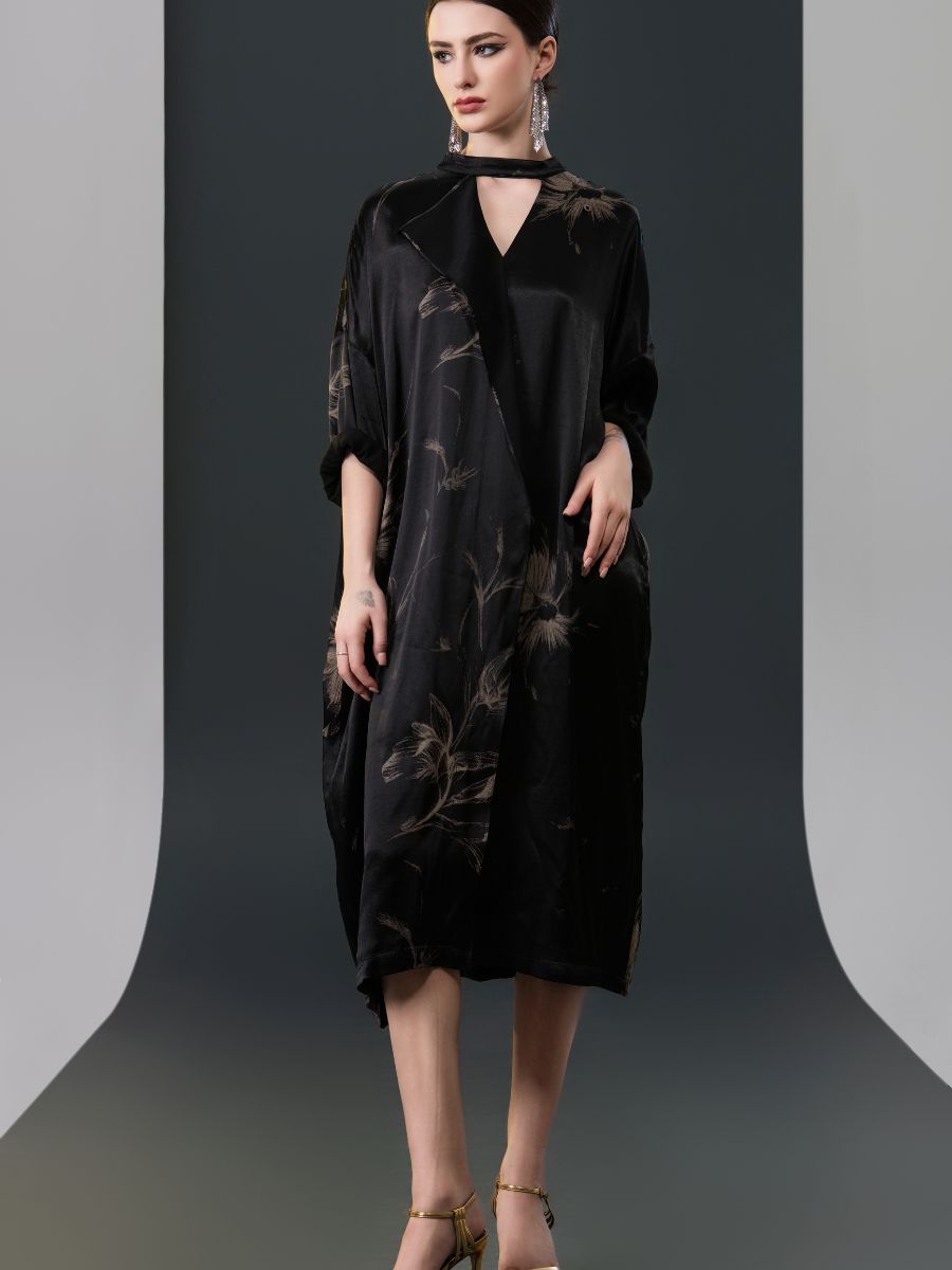 Black Satin Floral Print Kaftan Dress - Image 5