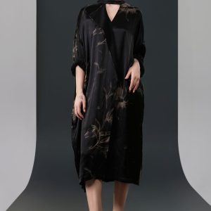 Black Satin Floral Print Kaftan Dress