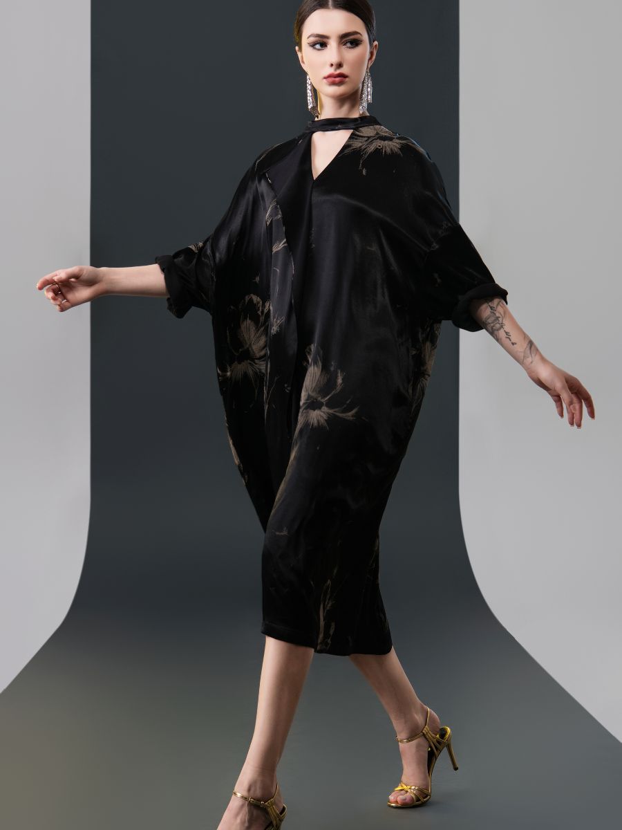 Black Satin Floral Print Kaftan Dress - Image 6