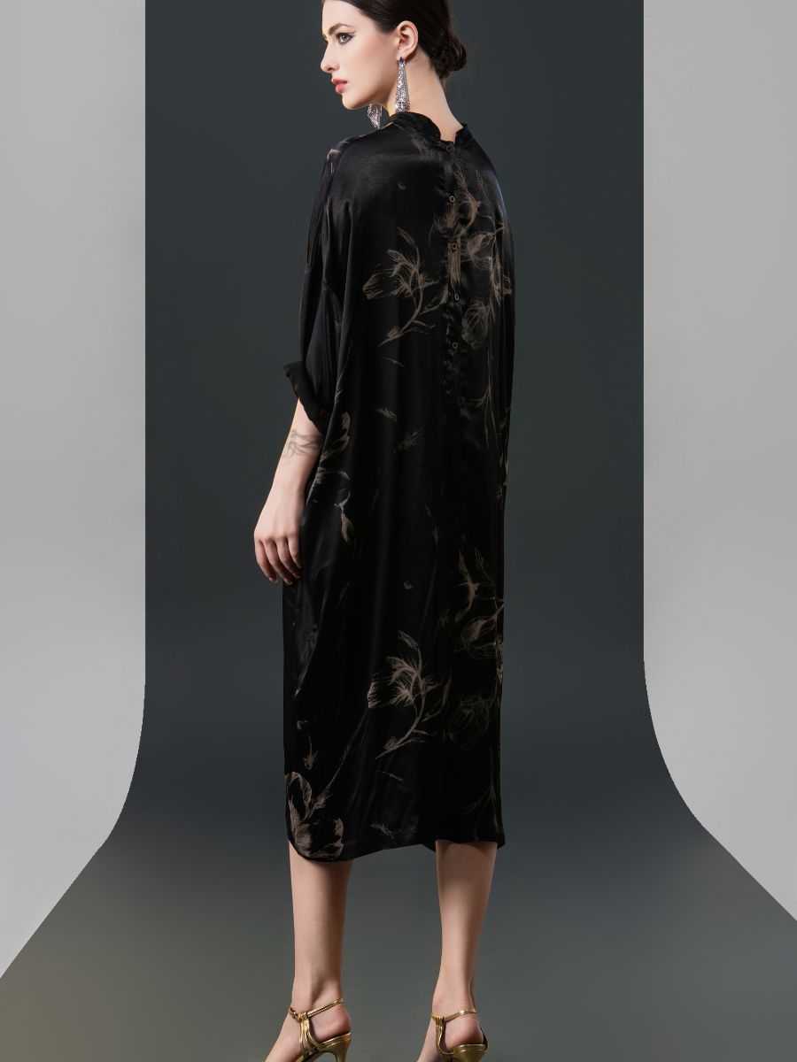 Black Satin Floral Print Kaftan Dress - Image 7