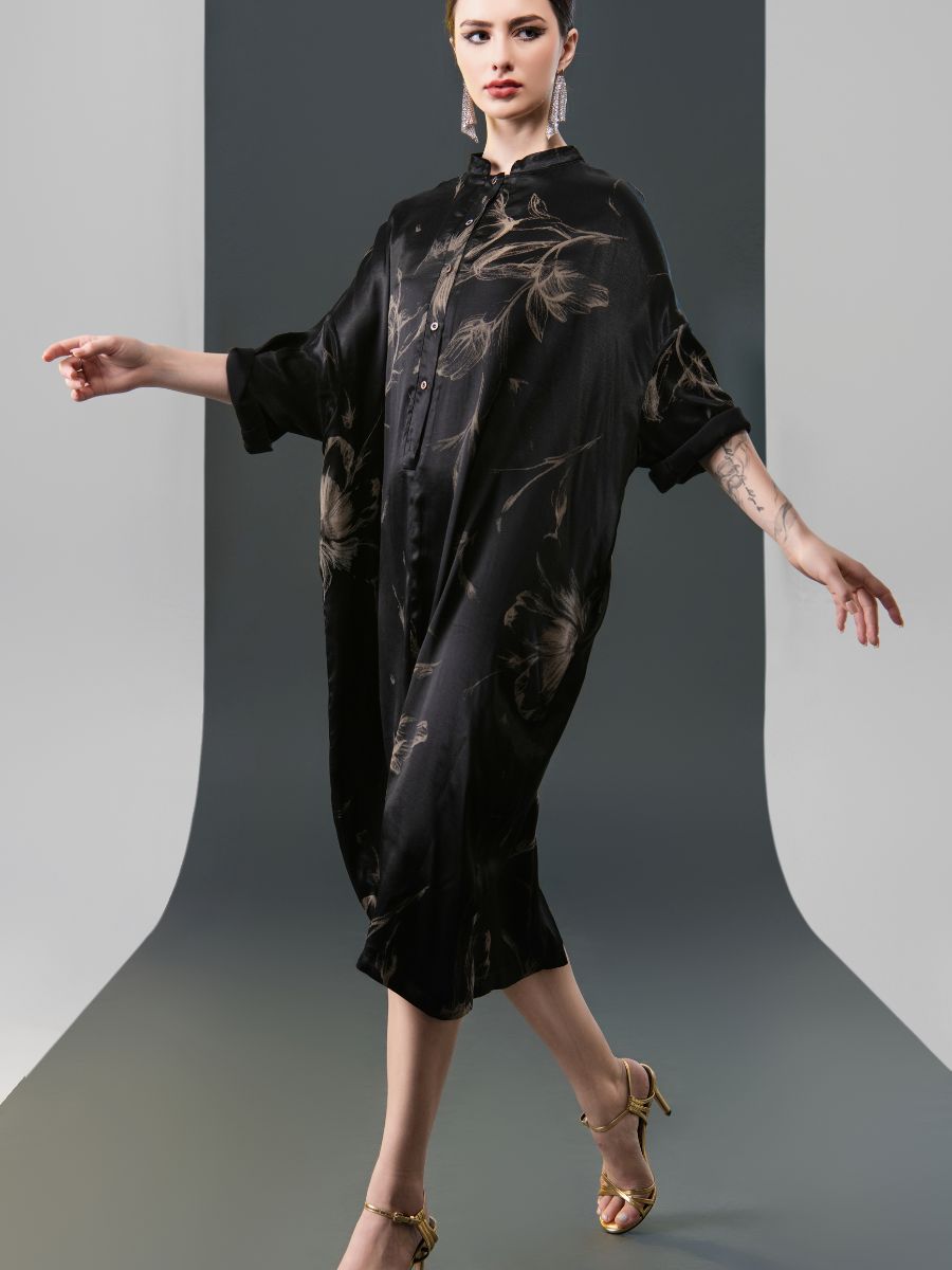 Black Satin Floral Print Kaftan Dress - Image 9