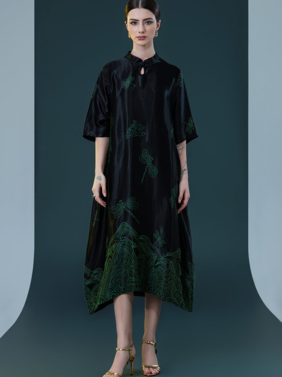 Black Satin Dress with Green Dragonfly Embroidery - Image 3