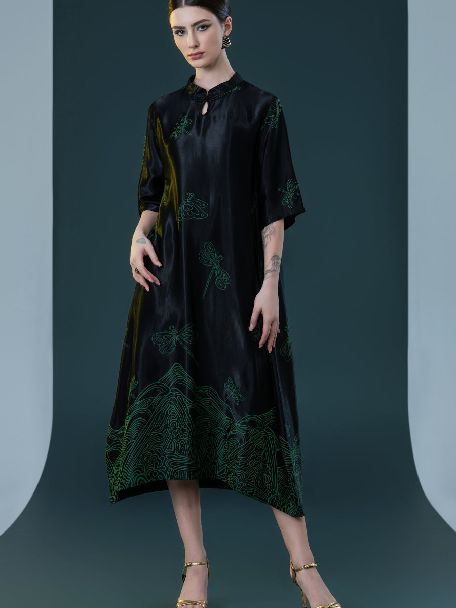 Black Satin Dress with Green Dragonfly Embroidery - Image 4