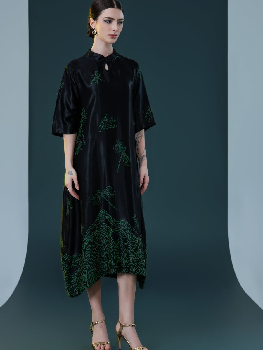 Black Satin Dress with Green Dragonfly Embroidery - Image 5