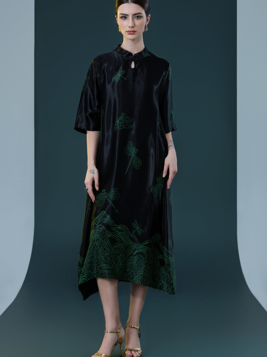 Black Satin Dress with Green Dragonfly Embroidery - Image 6