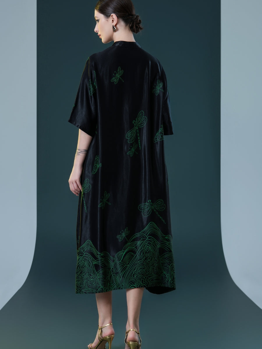 Black Satin Dress with Green Dragonfly Embroidery - Image 7