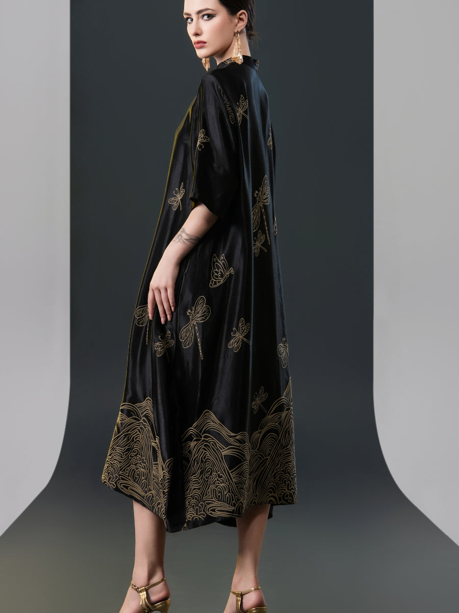 Black Satin Dress with Green Dragonfly Embroidery - Image 11