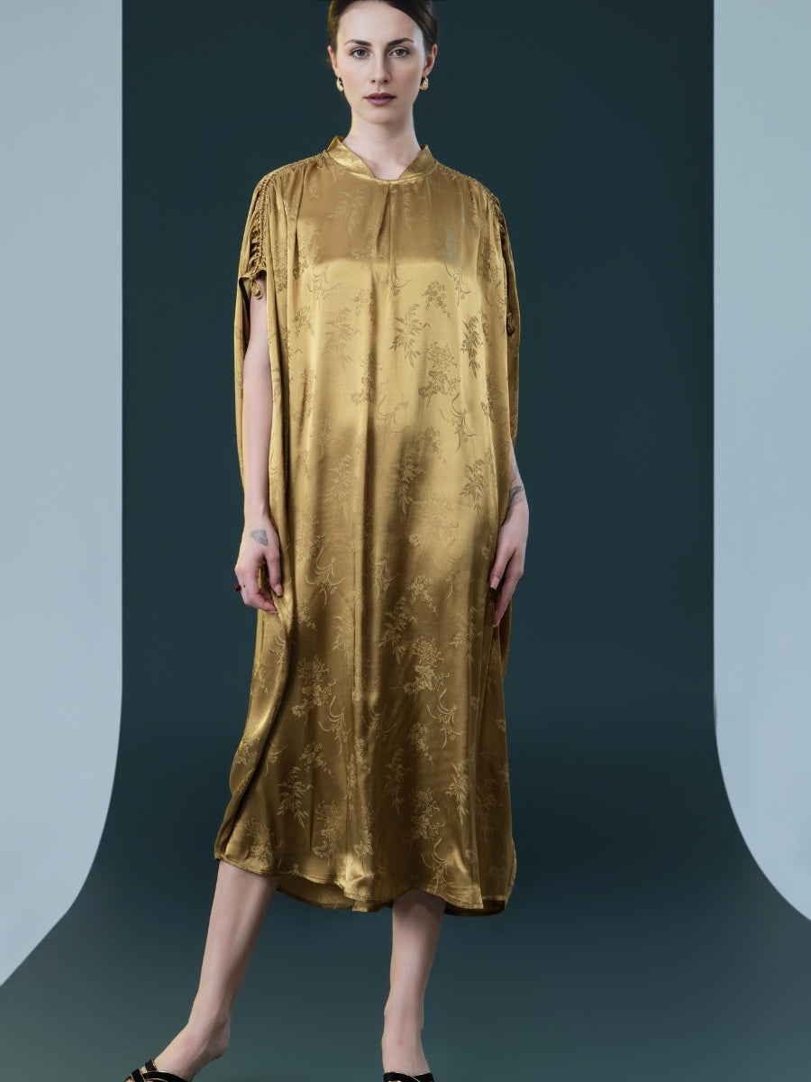 Golden Silk Embroidered Midi Kaftan Dress