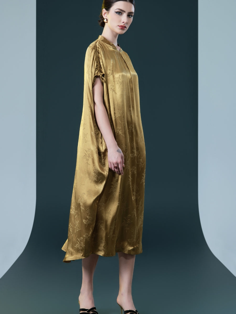 Golden Silk Embroidered Midi Kaftan Dress - Image 5