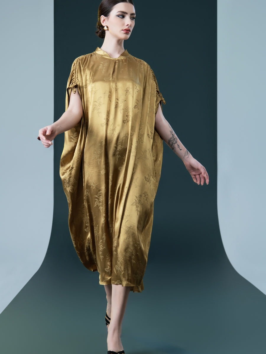 Golden Silk Embroidered Midi Kaftan Dress - Image 6