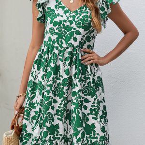 Bohemian Leaf Print Loose Pleated V-Neck Mini Dress with Fashionable Style