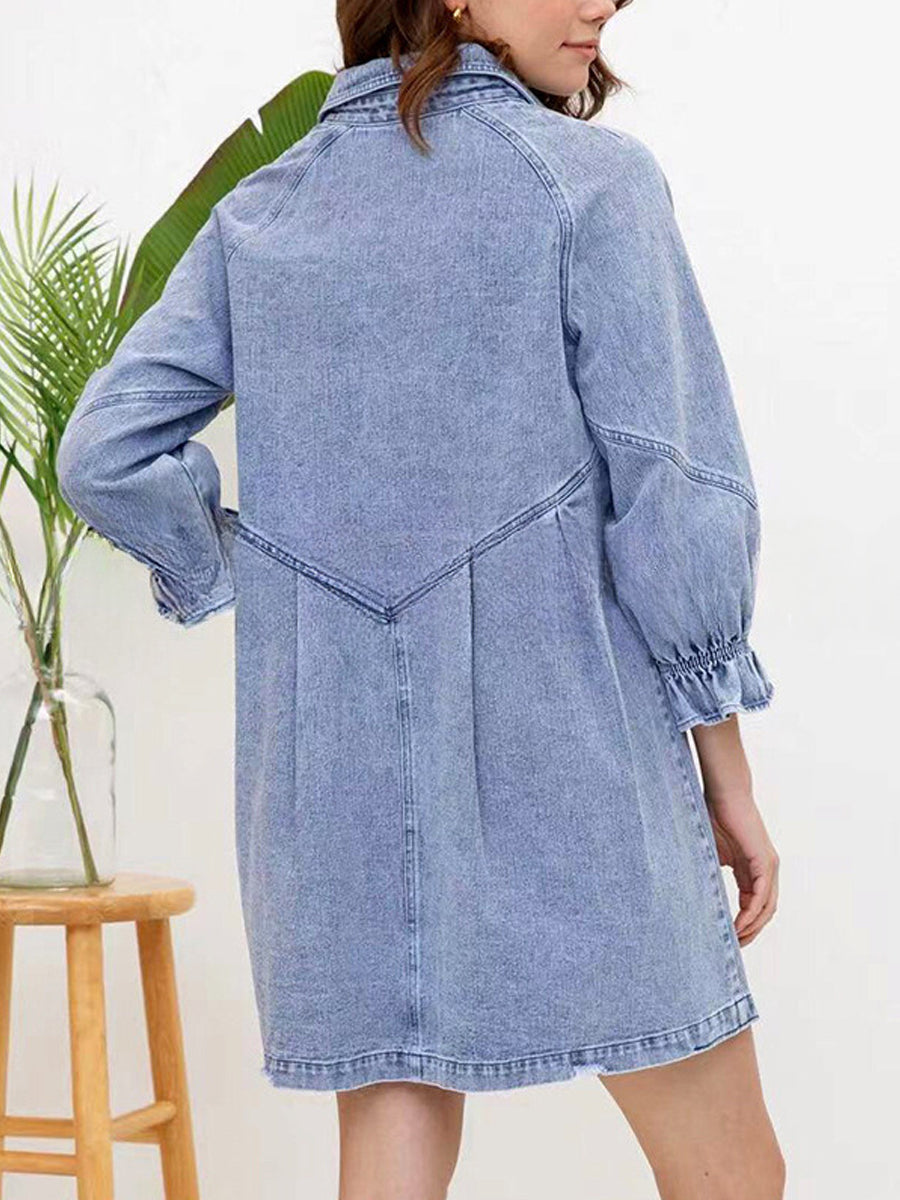 Stylish Retr Denim Lantern Sleeve Mini Dress - Image 4