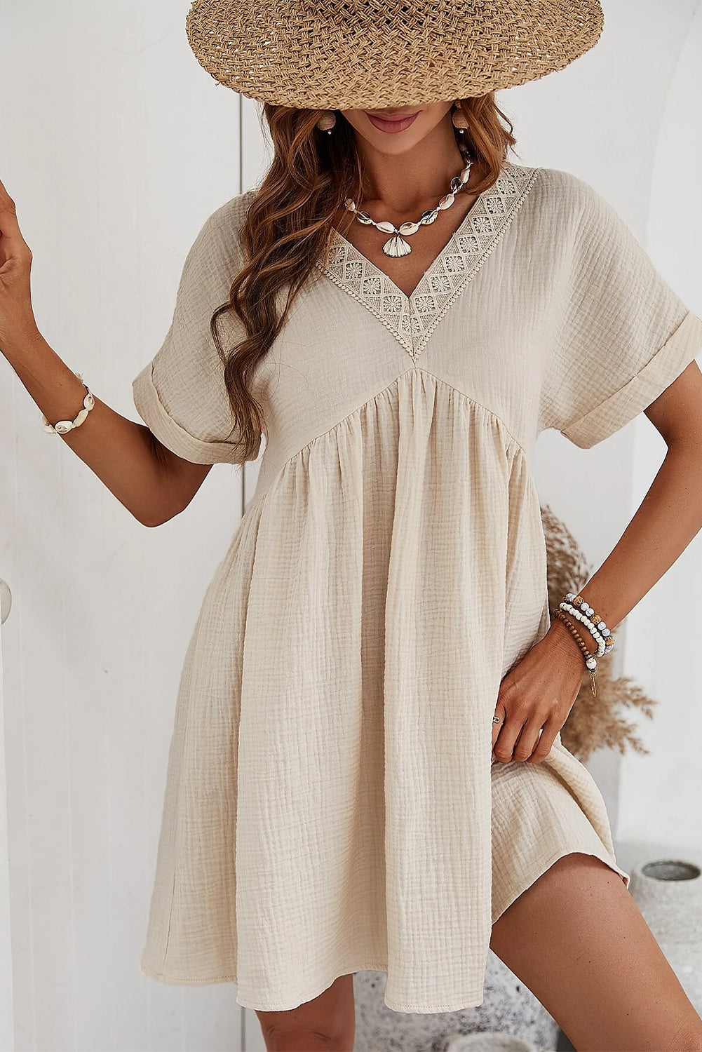 Casual Holiday Lace Stitching Waist V Neck Mini Dress - Image 5