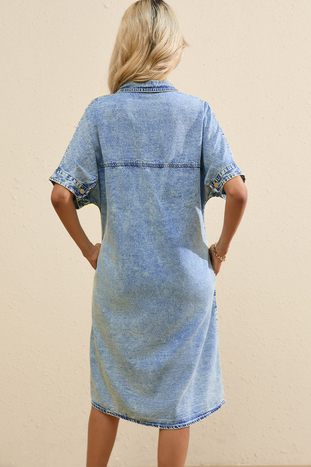 Denim Shirt Dress with Button Pockets - Image 10