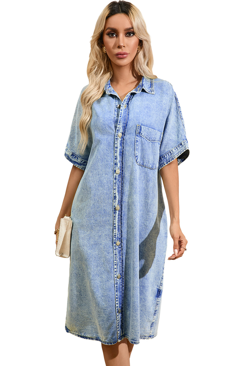 Denim Shirt Dress with Button Pockets - Image 22