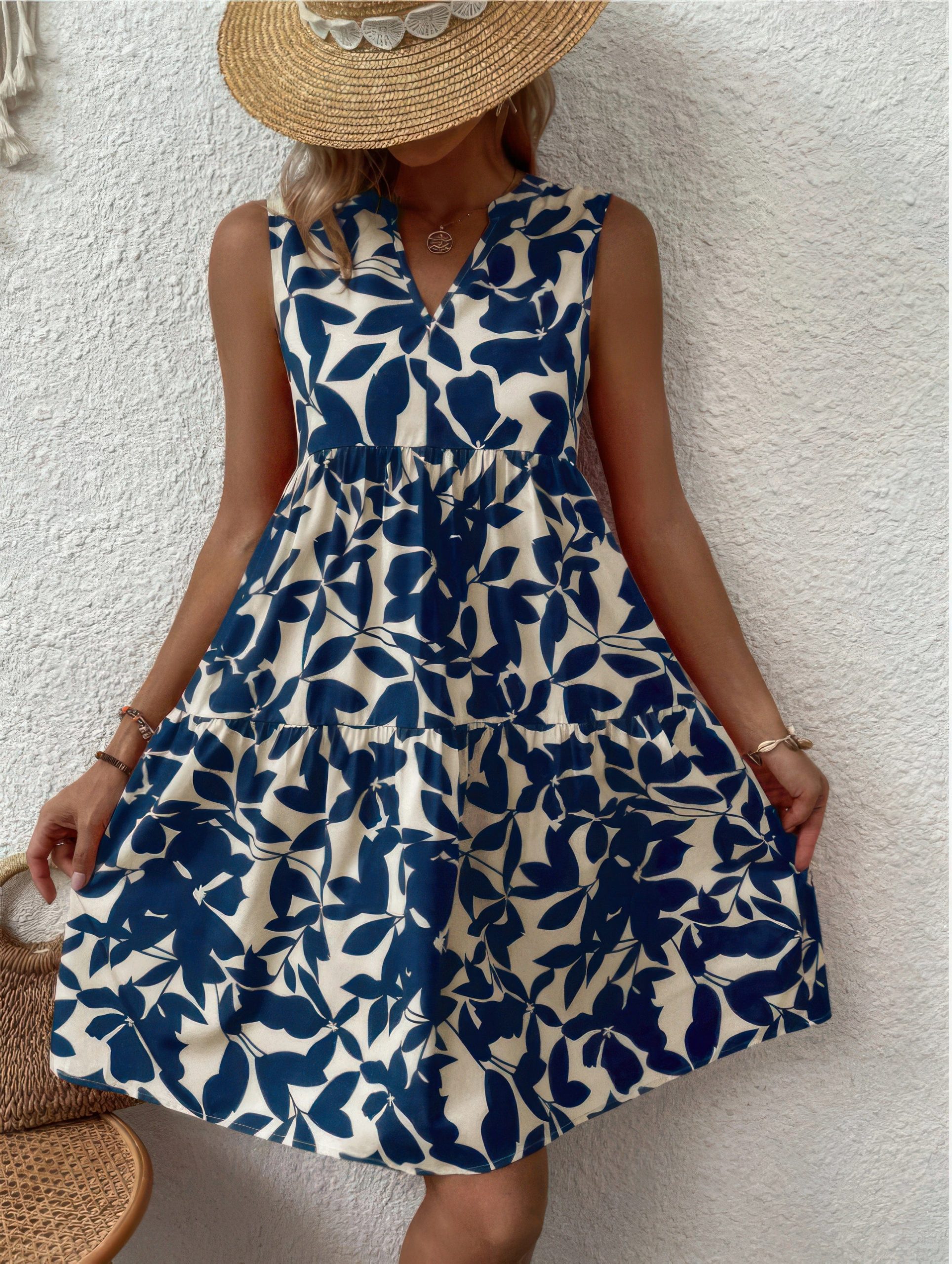 Bohemian Leaf Print Fashion Loose V-Neck Pleated Mini Dress - Image 2