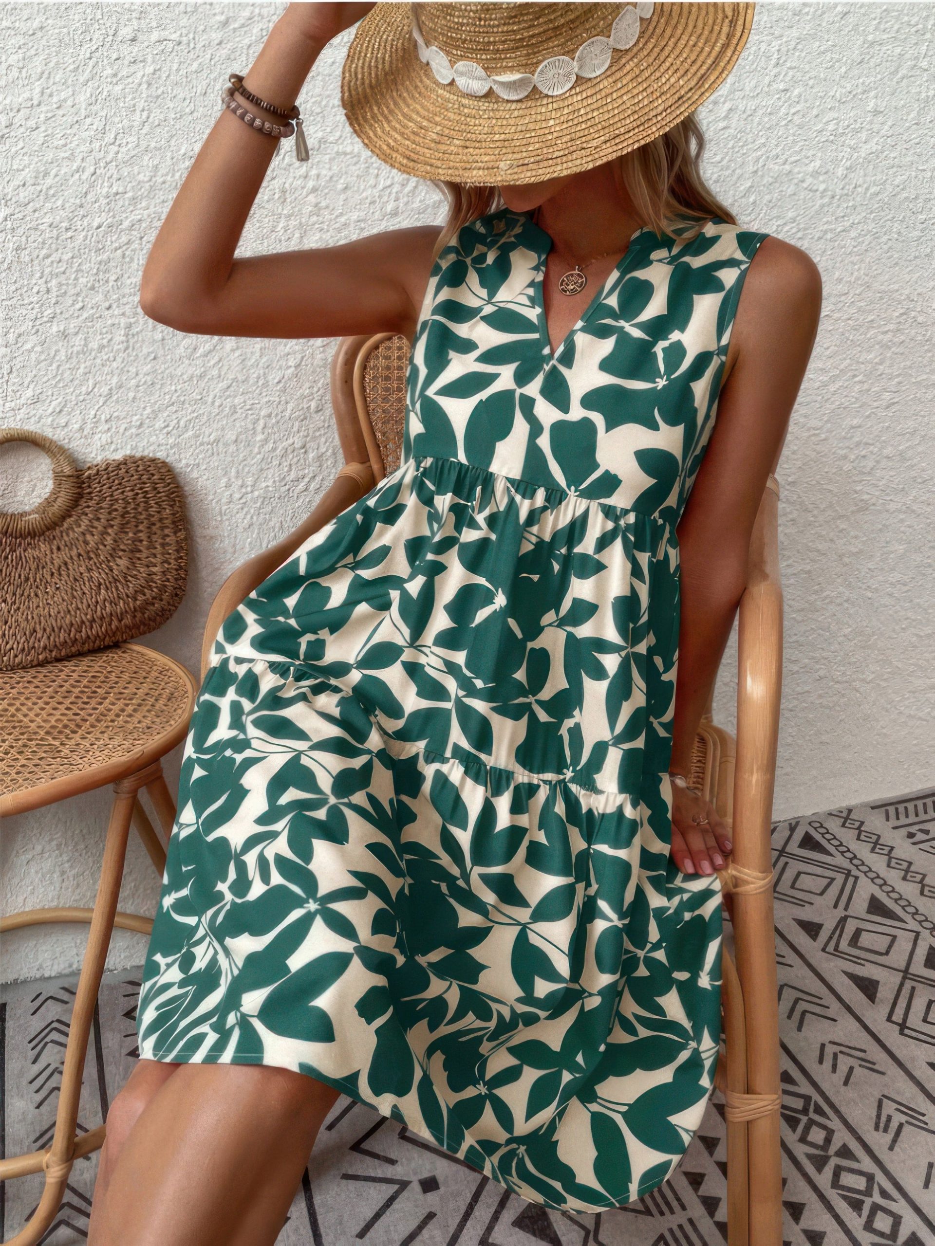 Bohemian Leaf Print Fashion Loose V-Neck Pleated Mini Dress - Image 6